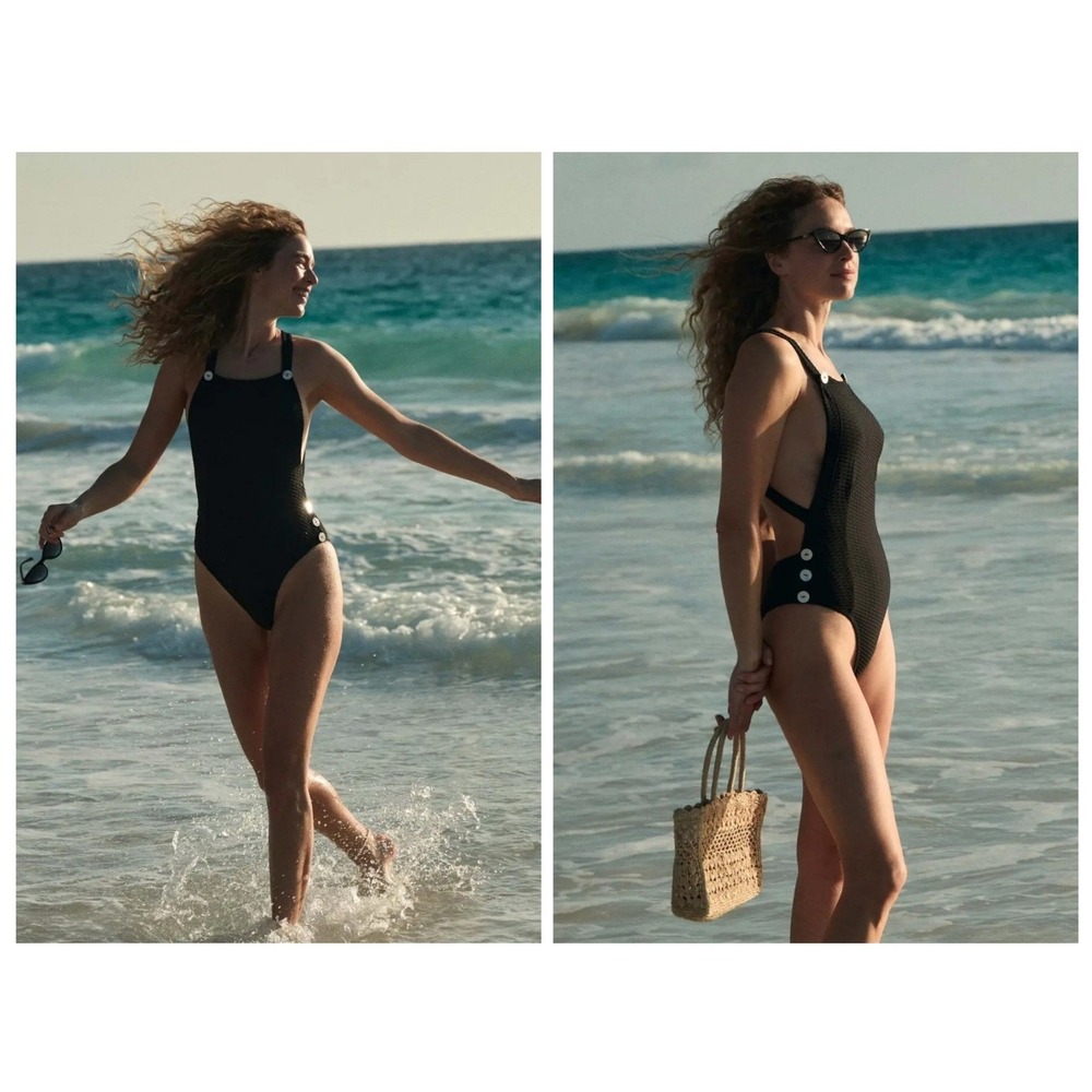 DÔEN Women One Piece Swimsuit XL Black Danica Maillot Textured Button beachy - Picture 2 of 10